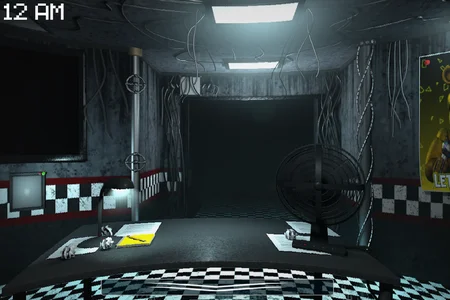 Golden Memory Remastered office view with desk, camera monitor, and dark hallway at 12 AM